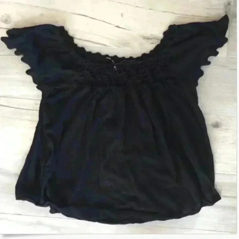 Anthropologie Black Scalloped Top